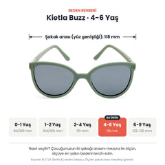 Kietla Buzz güneş gözlüğü beden rehberi: 4-6 Yaş, şakak arası yaklaşık 118 mm