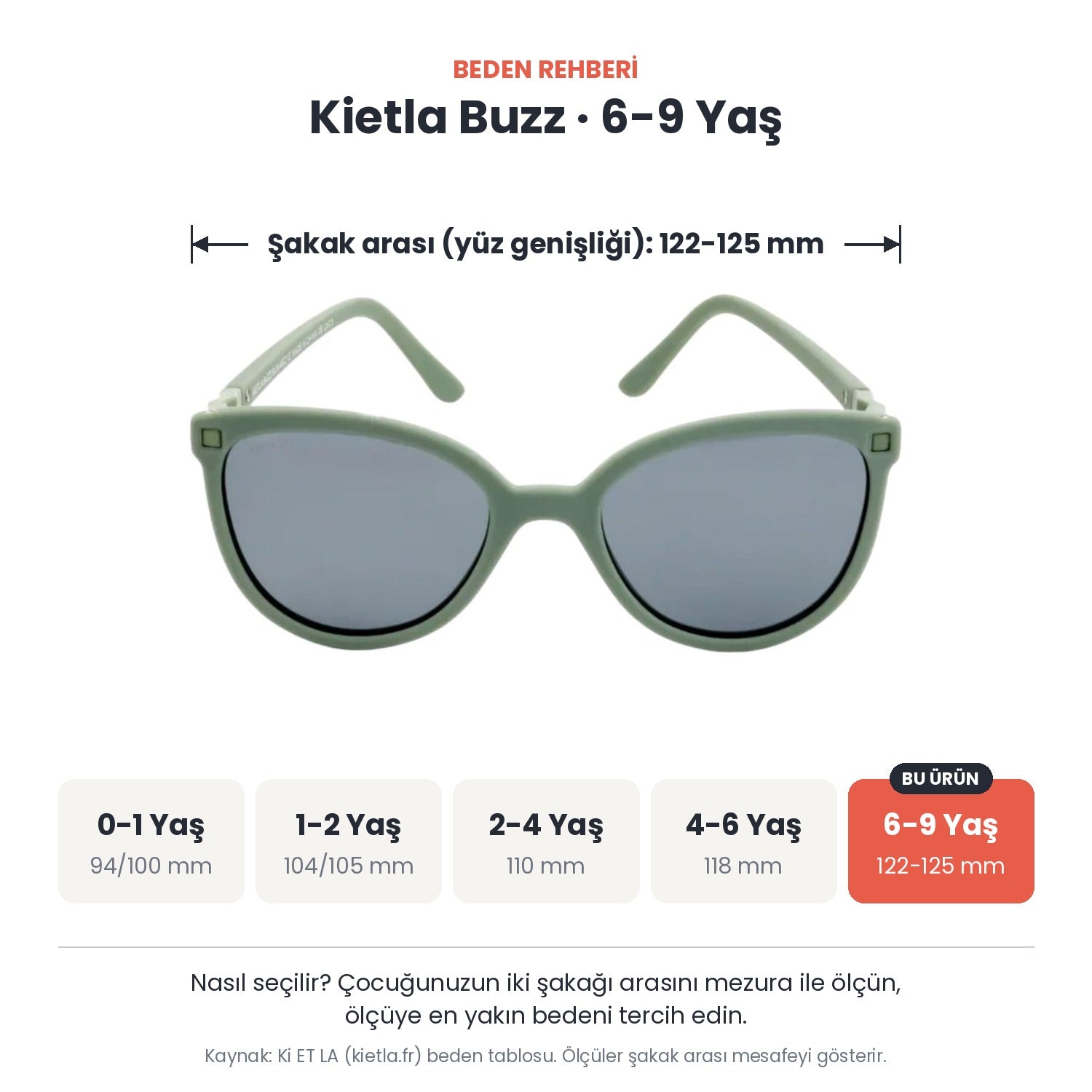 Kietla Buzz güneş gözlüğü beden rehberi: 6-9 Yaş, şakak arası yaklaşık 122-125 mm