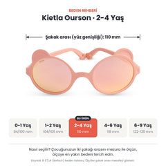 Kietla Ourson güneş gözlüğü beden rehberi: 2-4 Yaş, şakak arası yaklaşık 110 mm