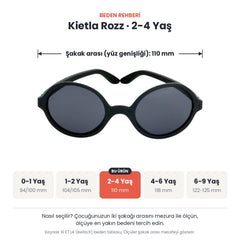 Kietla Rozz güneş gözlüğü beden rehberi: 2-4 Yaş, şakak arası yaklaşık 110 mm