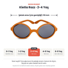 Kietla Rozz güneş gözlüğü beden rehberi: 2-4 Yaş, şakak arası yaklaşık 110 mm