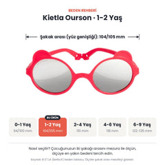 Kietla Ourson güneş gözlüğü beden rehberi: 1-2 Yaş, şakak arası yaklaşık 104/105 mm