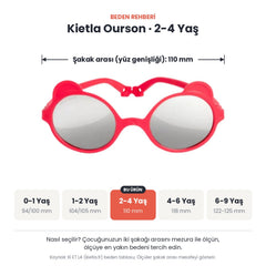 Kietla Ourson güneş gözlüğü beden rehberi: 2-4 Yaş, şakak arası yaklaşık 110 mm