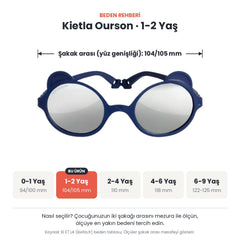Kietla Ourson güneş gözlüğü beden rehberi: 1-2 Yaş, şakak arası yaklaşık 104/105 mm