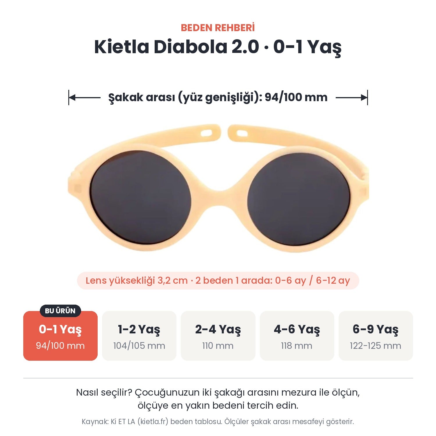Kietla Diabola 2.0 güneş gözlüğü beden rehberi: 0-1 Yaş, şakak arası yaklaşık 94/100 mm