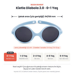 Kietla Diabola 2.0 güneş gözlüğü beden rehberi: 0-1 Yaş, şakak arası yaklaşık 94/100 mm