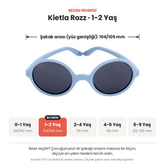 Kietla Rozz güneş gözlüğü beden rehberi: 1-2 Yaş, şakak arası yaklaşık 104/105 mm