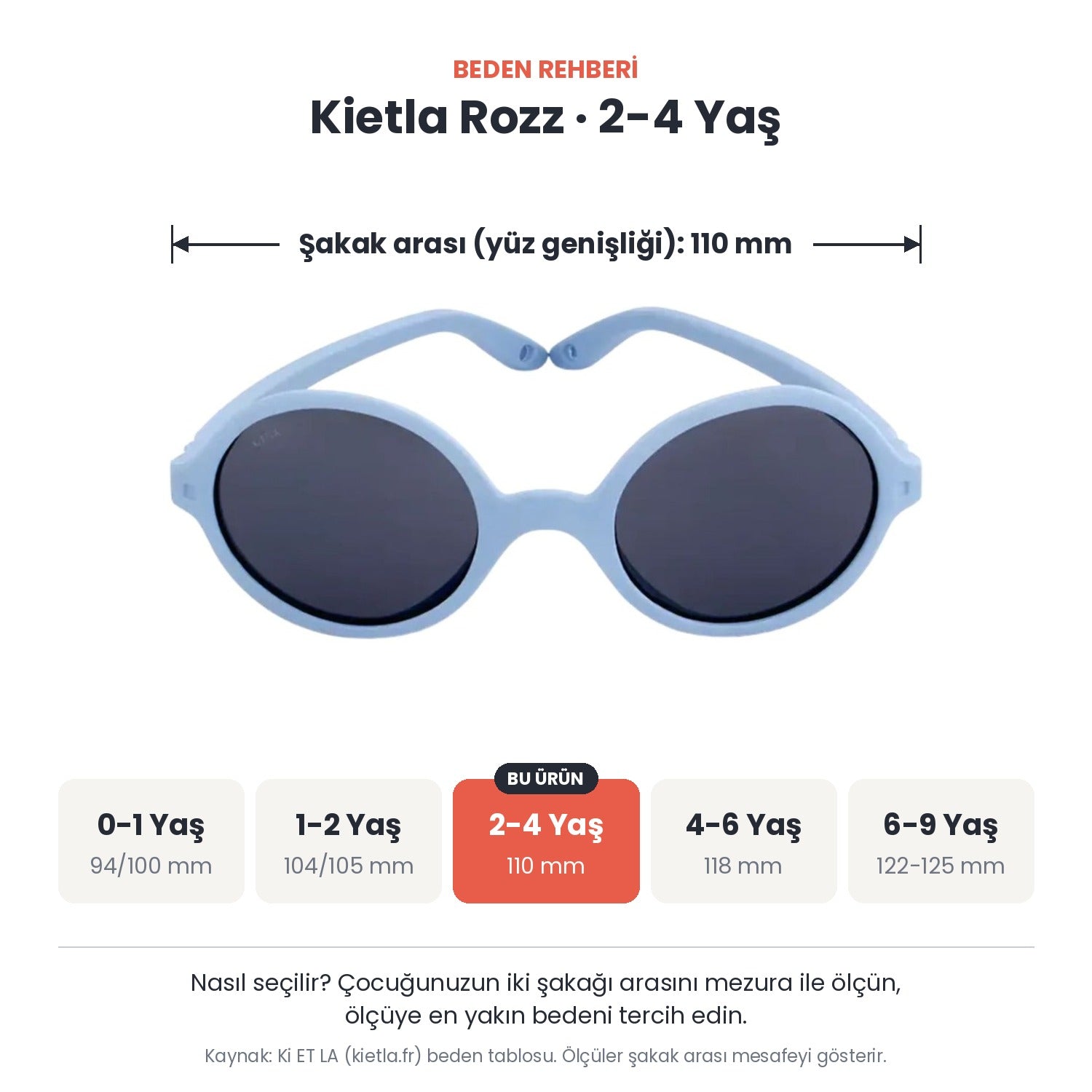 Kietla Rozz güneş gözlüğü beden rehberi: 2-4 Yaş, şakak arası yaklaşık 110 mm