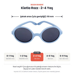 Kietla Rozz güneş gözlüğü beden rehberi: 2-4 Yaş, şakak arası yaklaşık 110 mm