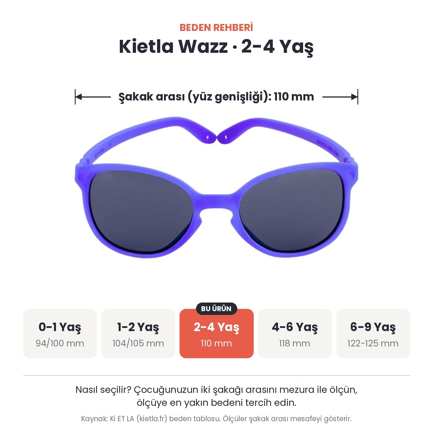 Kietla Wazz güneş gözlüğü beden rehberi: 2-4 Yaş, şakak arası yaklaşık 110 mm