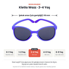 Kietla Wazz güneş gözlüğü beden rehberi: 2-4 Yaş, şakak arası yaklaşık 110 mm