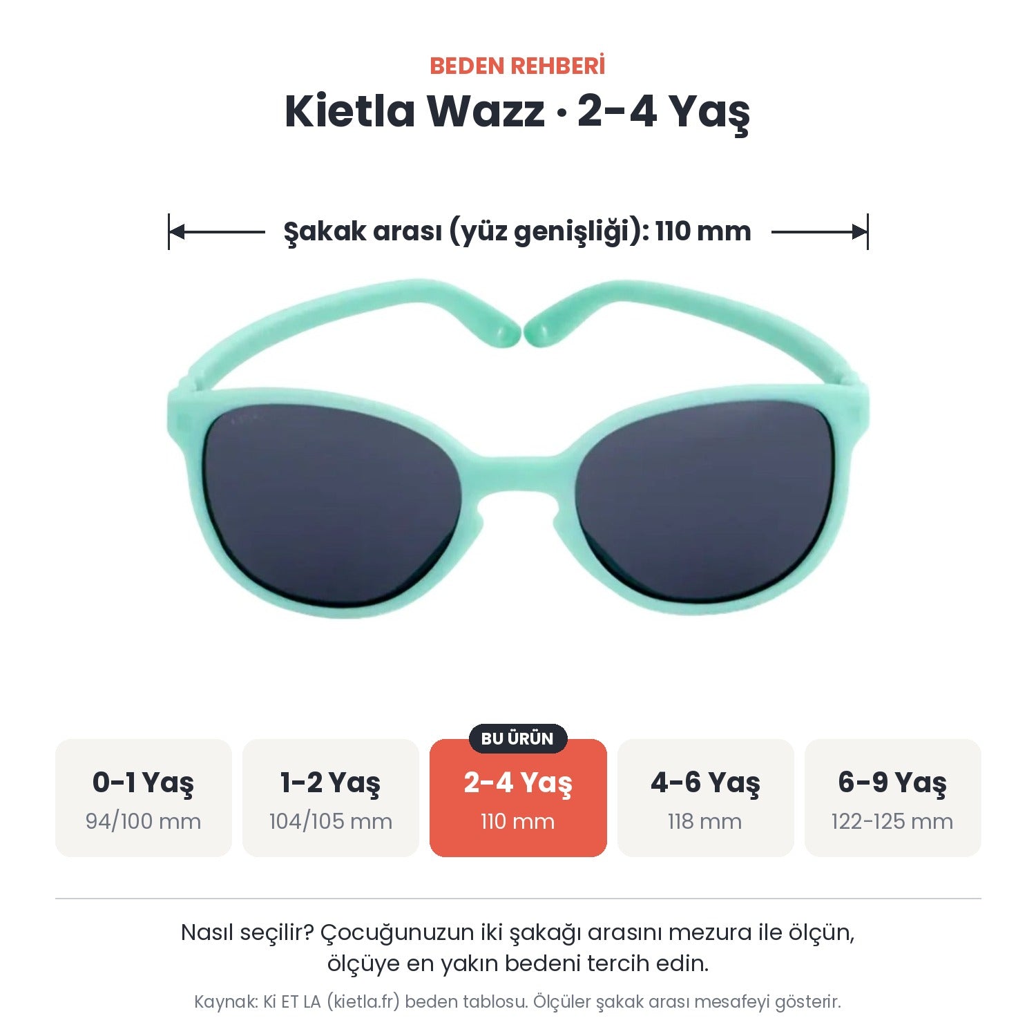 Kietla Wazz güneş gözlüğü beden rehberi: 2-4 Yaş, şakak arası yaklaşık 110 mm