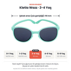 Kietla Wazz güneş gözlüğü beden rehberi: 2-4 Yaş, şakak arası yaklaşık 110 mm