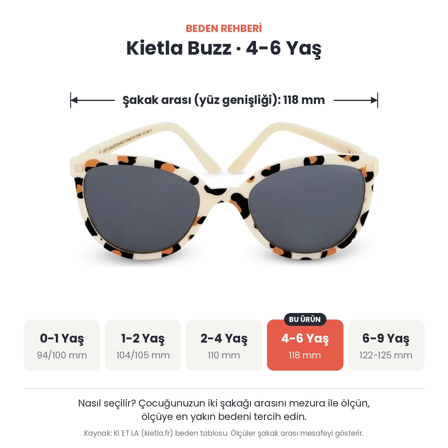 Kietla Buzz güneş gözlüğü beden rehberi: 4-6 Yaş, şakak arası yaklaşık 118 mm