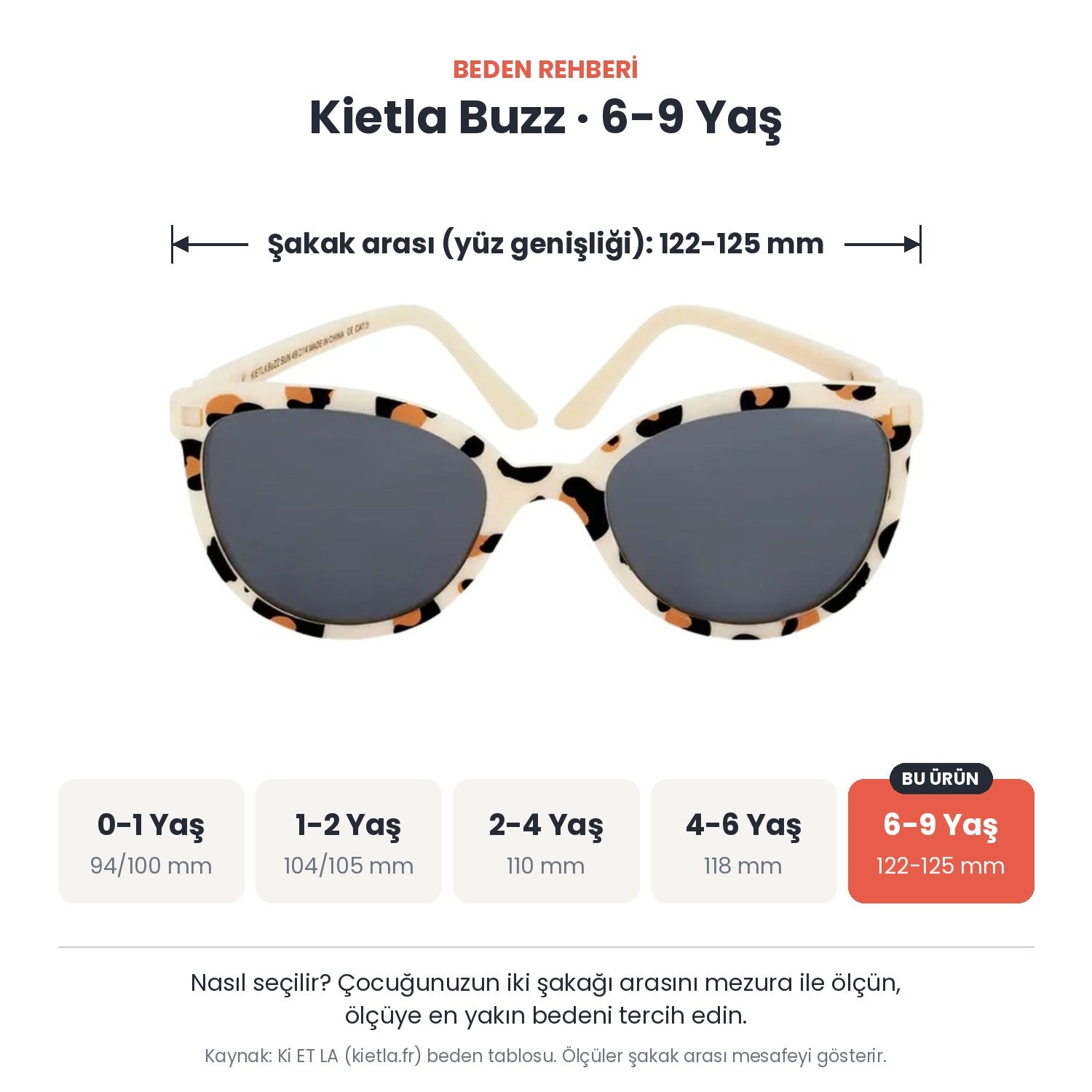Kietla Buzz güneş gözlüğü beden rehberi: 6-9 Yaş, şakak arası yaklaşık 122-125 mm