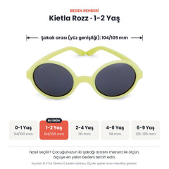 Kietla Rozz güneş gözlüğü beden rehberi: 1-2 Yaş, şakak arası yaklaşık 104/105 mm