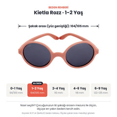 Kietla Rozz güneş gözlüğü beden rehberi: 1-2 Yaş, şakak arası yaklaşık 104/105 mm