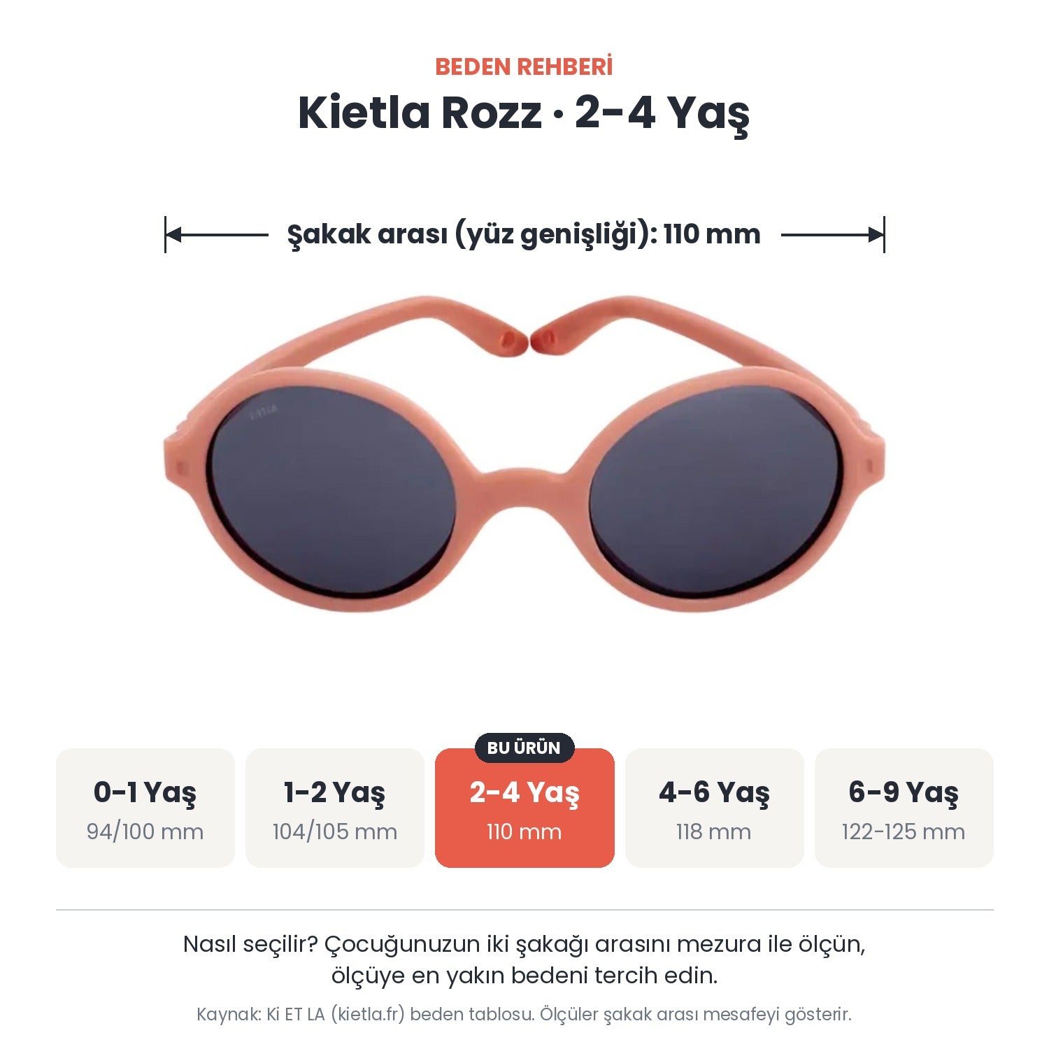 Kietla Rozz güneş gözlüğü beden rehberi: 2-4 Yaş, şakak arası yaklaşık 110 mm