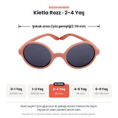Kietla Rozz güneş gözlüğü beden rehberi: 2-4 Yaş, şakak arası yaklaşık 110 mm