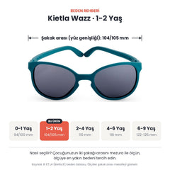 Kietla Wazz güneş gözlüğü beden rehberi: 1-2 Yaş, şakak arası yaklaşık 104/105 mm