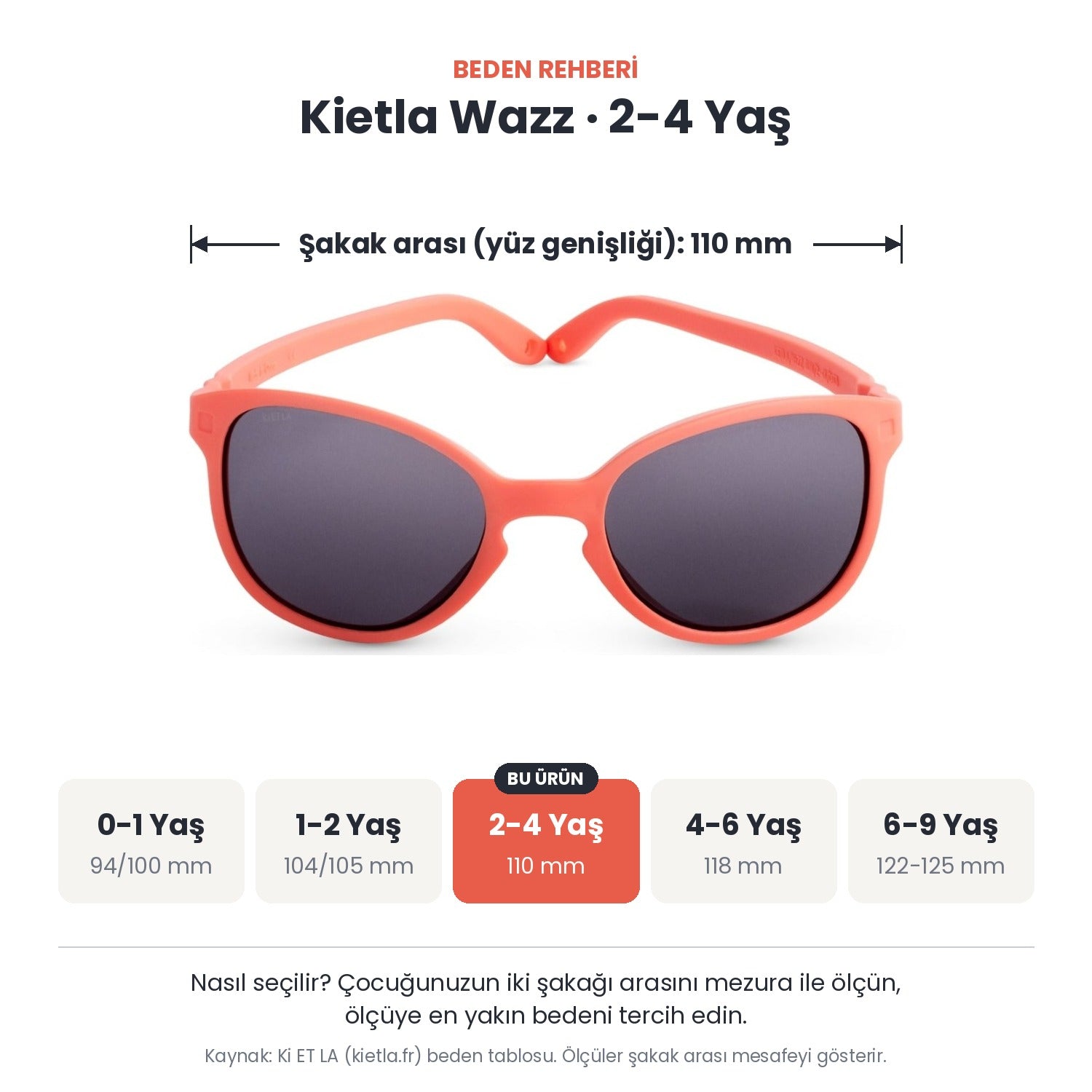 Kietla Wazz güneş gözlüğü beden rehberi: 2-4 Yaş, şakak arası yaklaşık 110 mm