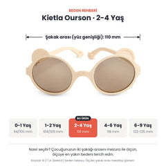 Kietla Ourson güneş gözlüğü beden rehberi: 2-4 Yaş, şakak arası yaklaşık 110 mm