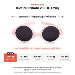 Kietla Diabola 2.0 güneş gözlüğü beden rehberi: 0-1 Yaş, şakak arası yaklaşık 94/100 mm