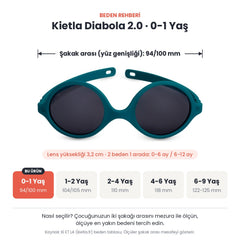 Kietla Diabola 2.0 güneş gözlüğü beden rehberi: 0-1 Yaş, şakak arası yaklaşık 94/100 mm