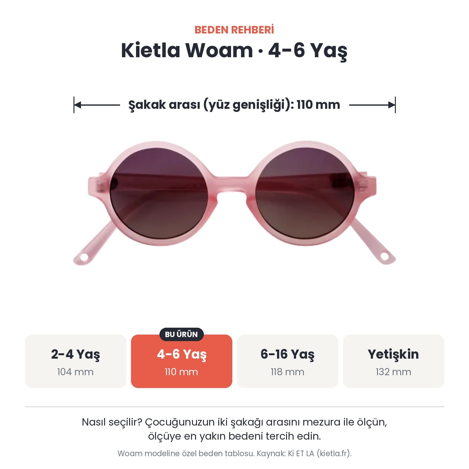 Kietla Woam güneş gözlüğü beden rehberi: 4-6 Yaş, şakak arası yaklaşık 110 mm