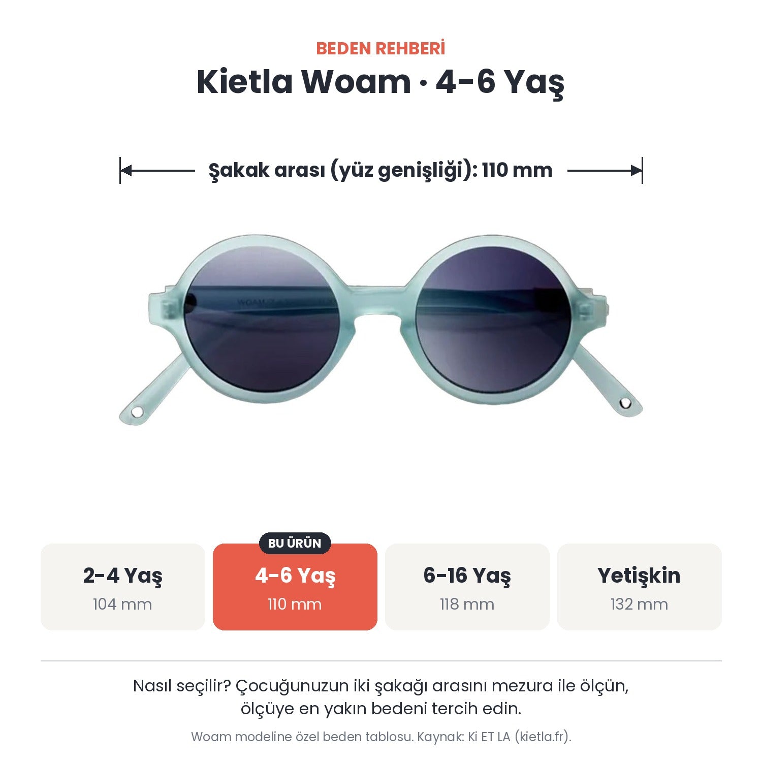 Kietla Woam güneş gözlüğü beden rehberi: 4-6 Yaş, şakak arası yaklaşık 110 mm