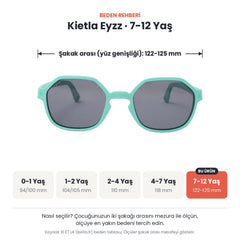 Kietla Eyzz güneş gözlüğü beden rehberi: 7-12 Yaş, şakak arası yaklaşık 122-125 mm