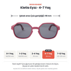 Kietla Eyzz güneş gözlüğü beden rehberi: 4-7 Yaş, şakak arası yaklaşık 118 mm