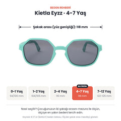 Kietla Eyzz güneş gözlüğü beden rehberi: 4-7 Yaş, şakak arası yaklaşık 118 mm