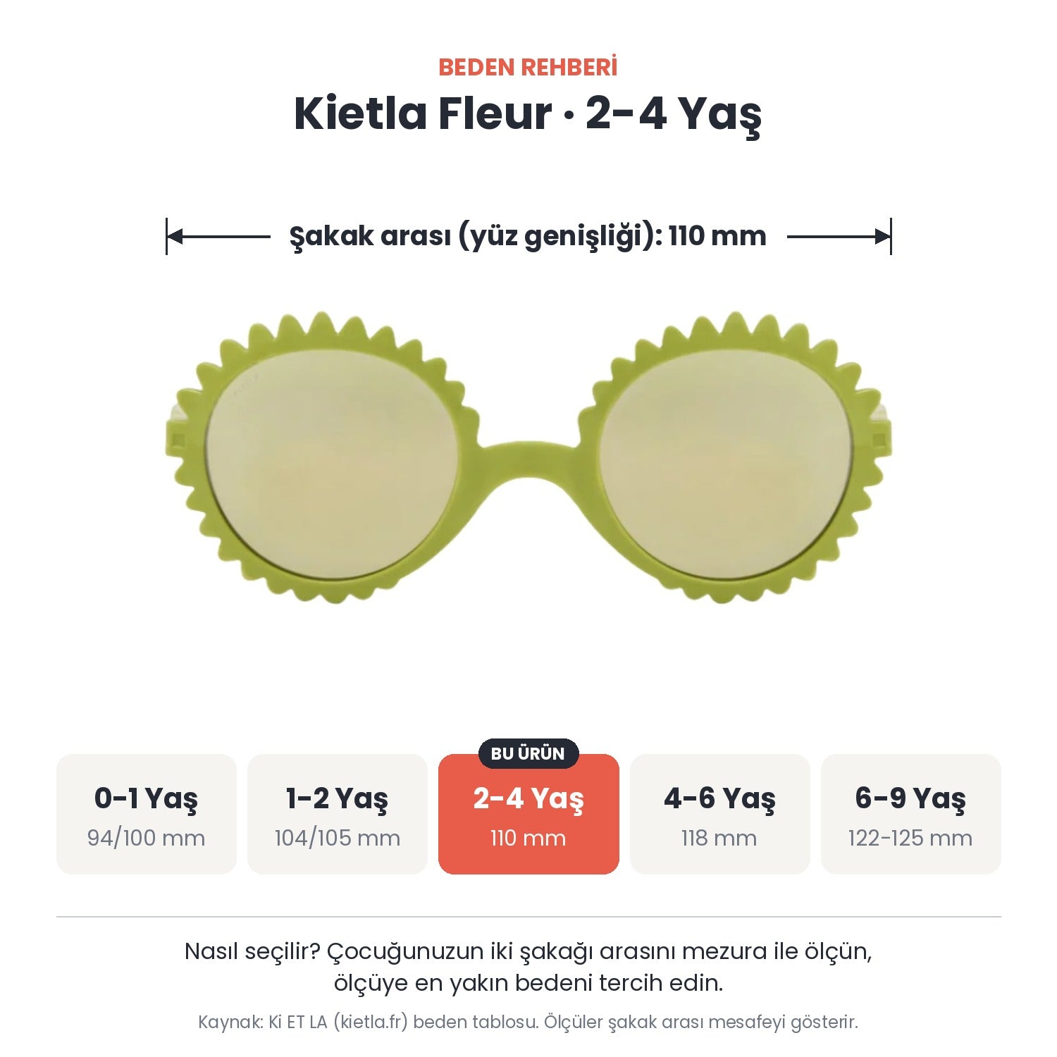 Kietla Fleur güneş gözlüğü beden rehberi: 2-4 Yaş, şakak arası yaklaşık 110 mm
