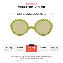 Kietla Fleur güneş gözlüğü beden rehberi: 2-4 Yaş, şakak arası yaklaşık 110 mm