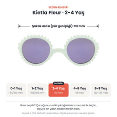 Kietla Fleur güneş gözlüğü beden rehberi: 2-4 Yaş, şakak arası yaklaşık 110 mm