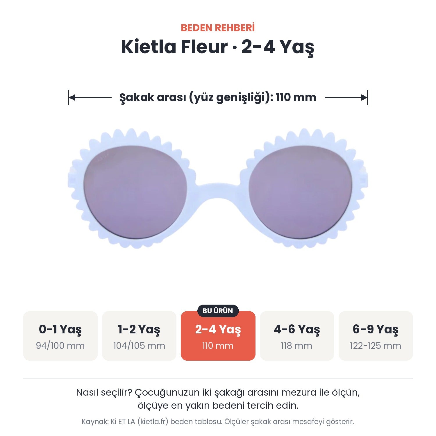 Kietla Fleur güneş gözlüğü beden rehberi: 2-4 Yaş, şakak arası yaklaşık 110 mm