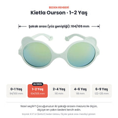 Kietla Ourson güneş gözlüğü beden rehberi: 1-2 Yaş, şakak arası yaklaşık 104/105 mm