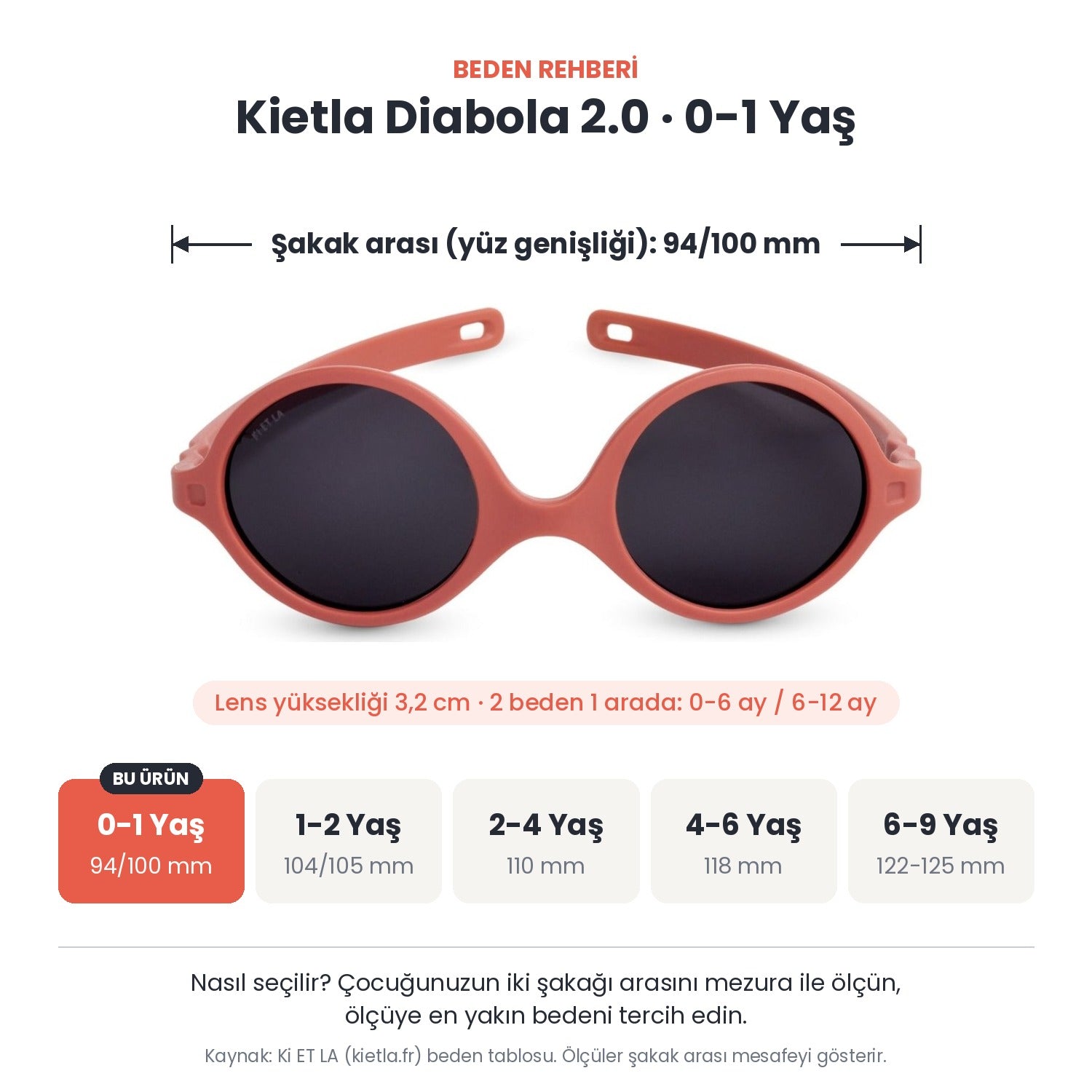Kietla Diabola 2.0 güneş gözlüğü beden rehberi: 0-1 Yaş, şakak arası yaklaşık 94/100 mm
