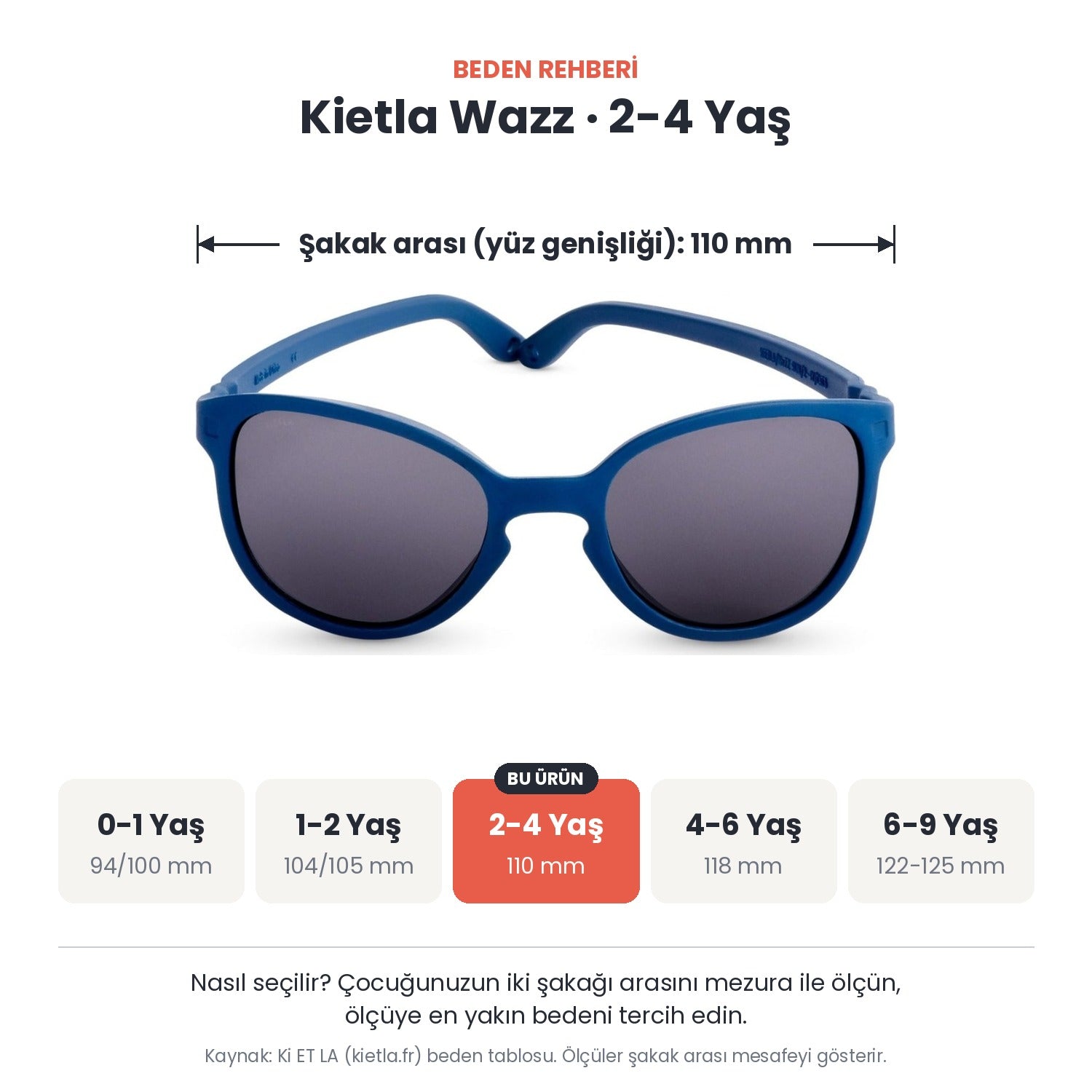 Kietla Wazz güneş gözlüğü beden rehberi: 2-4 Yaş, şakak arası yaklaşık 110 mm