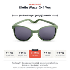 Kietla Wazz güneş gözlüğü beden rehberi: 2-4 Yaş, şakak arası yaklaşık 110 mm