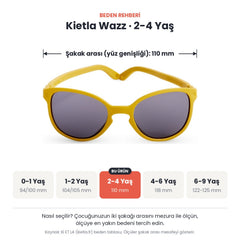 Kietla Wazz güneş gözlüğü beden rehberi: 2-4 Yaş, şakak arası yaklaşık 110 mm