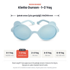 Kietla Ourson güneş gözlüğü beden rehberi: 1-2 Yaş, şakak arası yaklaşık 104/105 mm