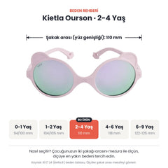 Kietla Ourson güneş gözlüğü beden rehberi: 2-4 Yaş, şakak arası yaklaşık 110 mm