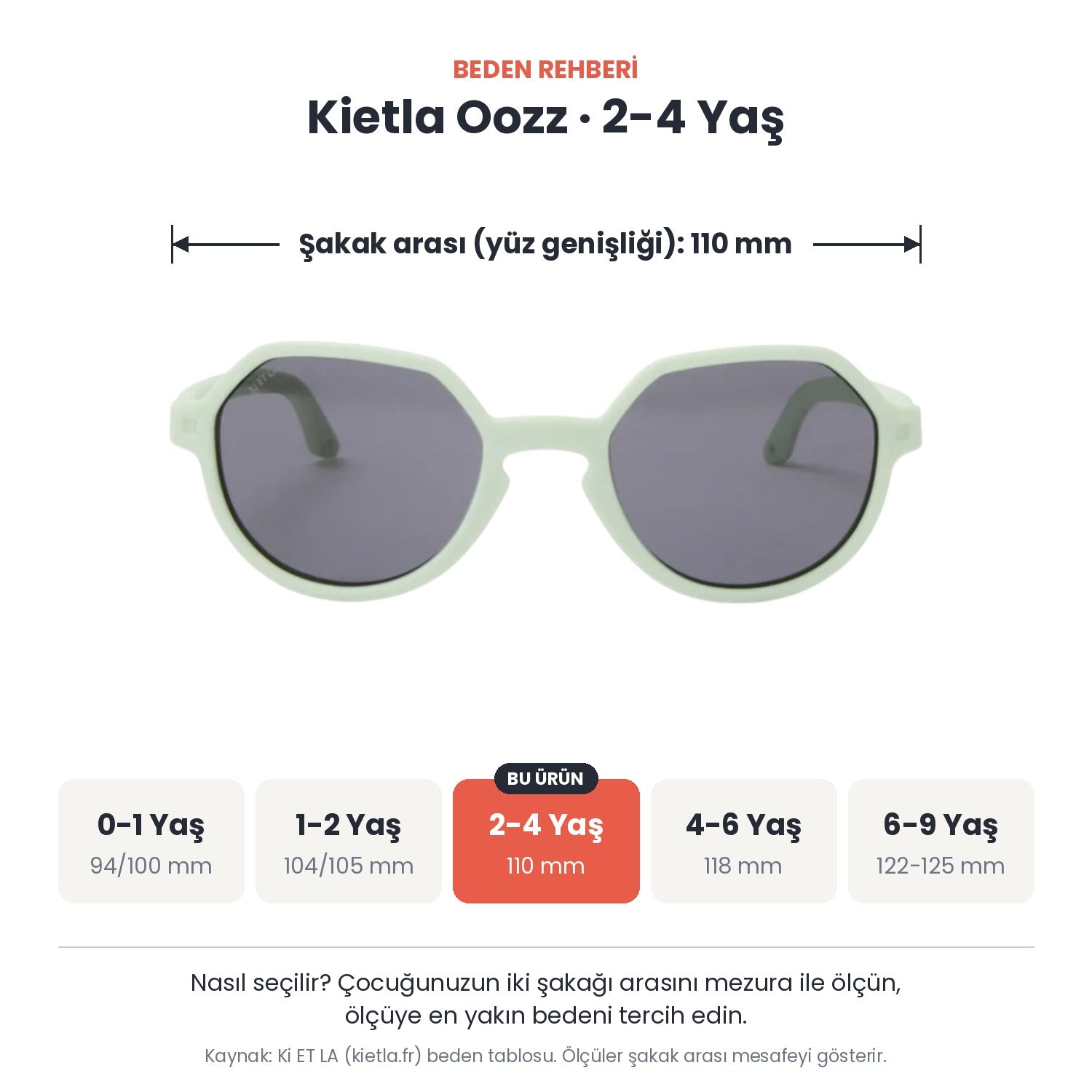 Kietla Oozz güneş gözlüğü beden rehberi: 2-4 Yaş, şakak arası yaklaşık 110 mm