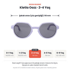 Kietla Oozz güneş gözlüğü beden rehberi: 2-4 Yaş, şakak arası yaklaşık 110 mm