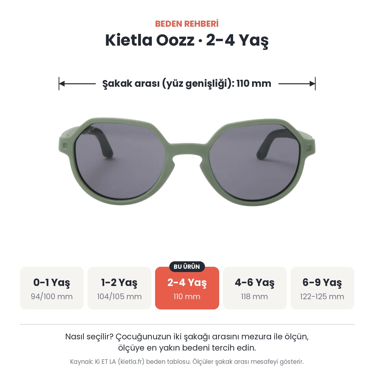 Kietla Oozz güneş gözlüğü beden rehberi: 2-4 Yaş, şakak arası yaklaşık 110 mm