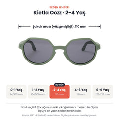 Kietla Oozz güneş gözlüğü beden rehberi: 2-4 Yaş, şakak arası yaklaşık 110 mm