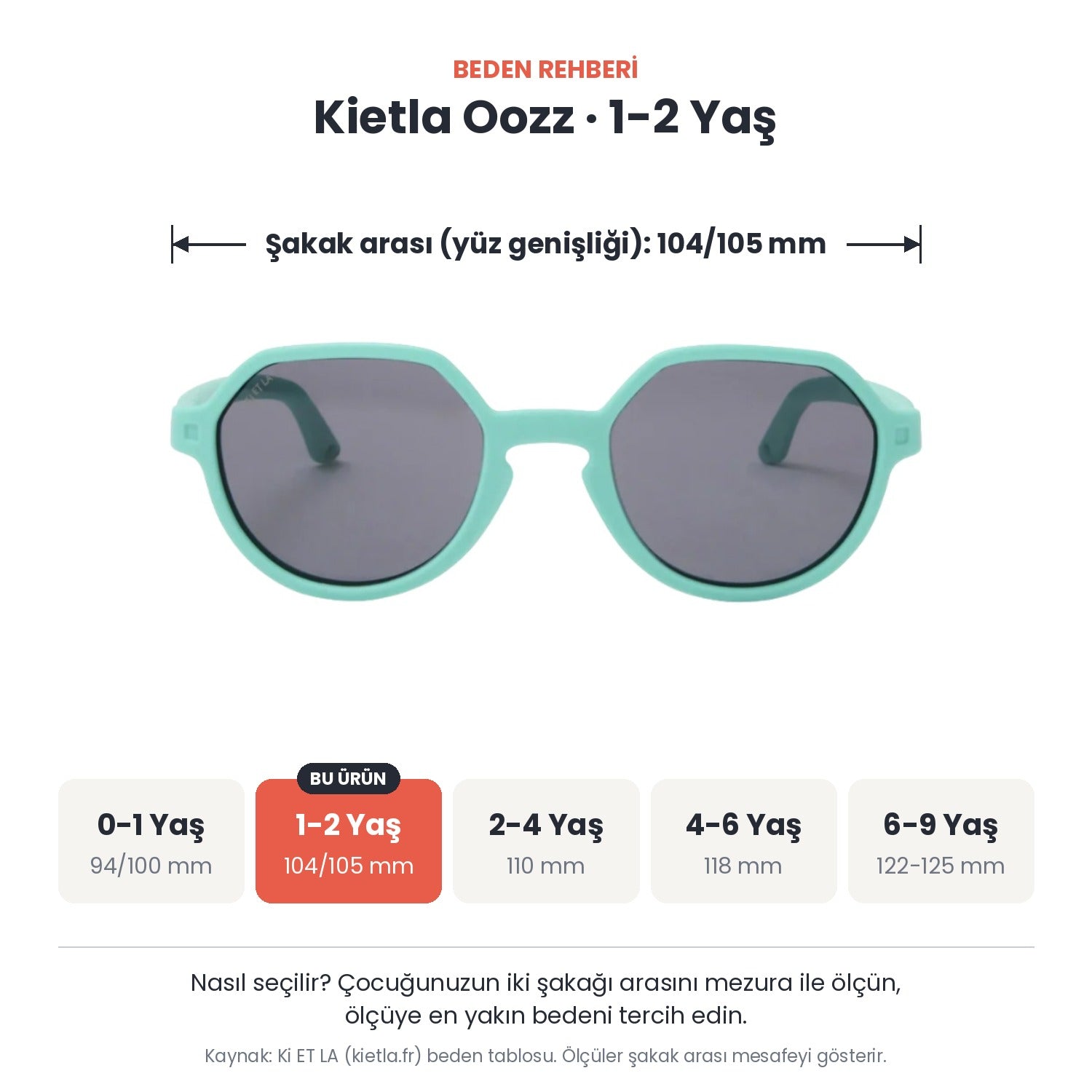 Kietla Oozz güneş gözlüğü beden rehberi: 1-2 Yaş, şakak arası yaklaşık 104/105 mm
