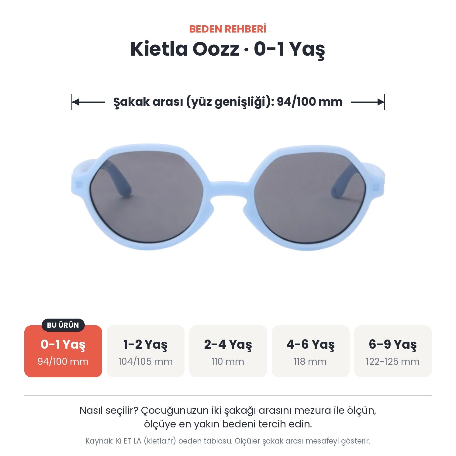 Kietla Oozz güneş gözlüğü beden rehberi: 0-1 Yaş, şakak arası yaklaşık 94/100 mm